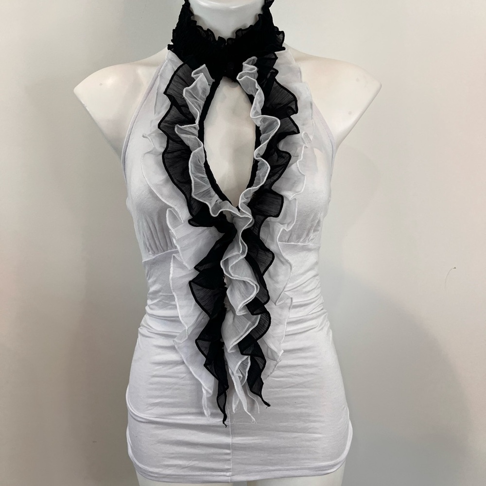 Elegant Black and White Ruffled Jabot Halter Top